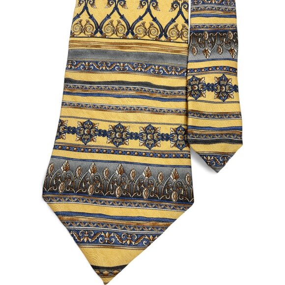 Roundtree & Yorke Silk Tie Baroque Gold Blue Ornate Handmade - Picture 3 of 6